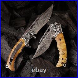 Damascus Steel Folding Knife, 3.6 Stable Wood Handle, Camping Tactical Outdo