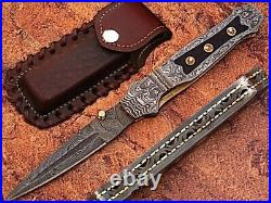 Damascus Steel Folding Knife Tanto Blade Dyed Bone Handle and Copper Bolster