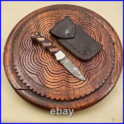 Damascus Steel Folding Knife with Wooden Handle Gift For Boyfriend