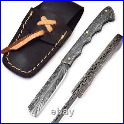 Damascus Steel Folding Pocket Knife 8.5 Rare Feather Pattren Pocket Knife 8.5