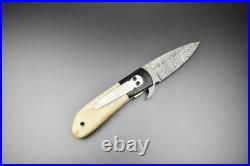 Damascus Steel Folding Pocket Knife with Camel Bone Handle Made to Order