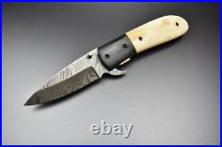 Damascus Steel Folding Pocket Knife with Camel Bone Handle Made to Order
