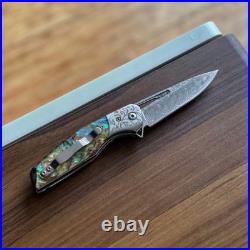 Damascus Steel Folding Pocket Knife with Leather Sheath (Abalone Handle)