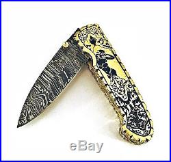Damascus Steel Handmade 7.5 Camping Folding Pocket Knife Engraved Brass P34