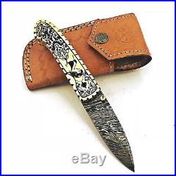 Damascus Steel Handmade 7.5 Camping Folding Pocket Knife Engraved Brass P34