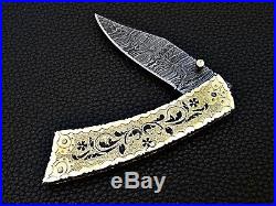 Damascus Steel Handmade 7.5 Camping Folding Pocket Knife Hand Engraved Brass