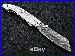 Damascus Steel Handmade 7.5 Camping Folding Pocket Knife Hand Engraved Steel