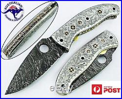 Damascus Steel Handmade 8 Camping Folding Pocket Knife Engraved Steel P28