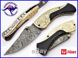 Damascus Steel Handmade 8 Folding Pocket Knife Bull Horn & Engraved Brass F1