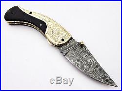 Damascus Steel Handmade 8 Folding Pocket Knife Bull Horn & Engraved Brass F1