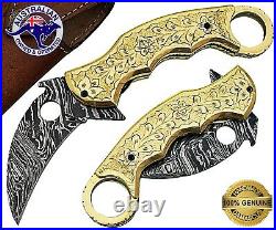 Damascus Steel Handmade 9 Karambit Folding Pocket Knife Engraved Brass Frame 10