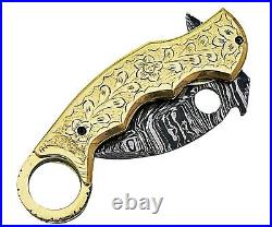 Damascus Steel Handmade 9 Karambit Folding Pocket Knife Engraved Brass Frame 10
