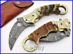 Damascus Steel Handmade 9 Karambit Folding Pocket Knife Ram Horn Engraved F20