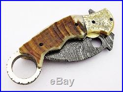 Damascus Steel Handmade 9 Karambit Folding Pocket Knife Ram Horn Engraved F20