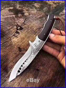 Damascus Steel Hunting Knife Camping Army Rescue Folding Pocket Knife Padauk Edc