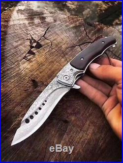 Damascus Steel Hunting Knife Camping Army Rescue Folding Pocket Knife Padauk Edc