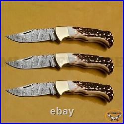 Damascus Steel Lock Back Folding Pocket Knife Stag Antler Horn Handle Lot of 3