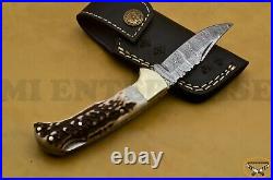 Damascus Steel Lock Back Folding Pocket Knife Stag Antler Horn Handle Lot of 3