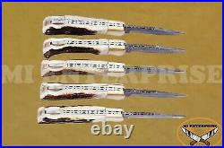 Damascus Steel Lock Back Folding Pocket Knife Stag Antler Horn Handle Lot of 5