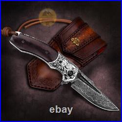 Damascus Steel Pocket Folding Bushcraft Knife Wood Handle With Leather Sheath