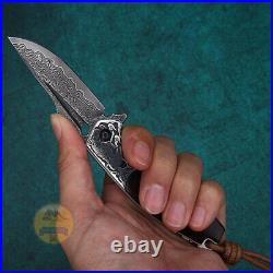 Damascus Steel Pocket Folding Bushcraft Knife Wood Handle With Leather Sheath