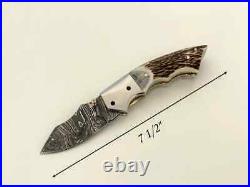 Damascus Steel Pocket Knife Handmade Folding Knife, Custom Stag Horn Handle