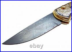 Damascus folding pocket knife. Deer. Gift hunter men's gift gold-plated the art