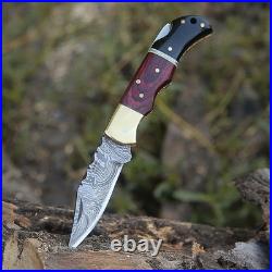 Damascus handmade Back Lock Folding Pocket knife camping Hunting Knife wid Pouch