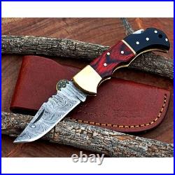 Damascus handmade Back Lock Folding Pocket knife camping Hunting Knife wid Pouch