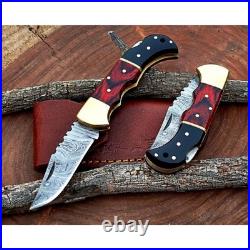 Damascus handmade Back Lock Folding Pocket knife camping Hunting Knife wid Pouch