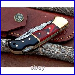 Damascus handmade Back Lock Folding Pocket knife camping Hunting Knife wid Pouch
