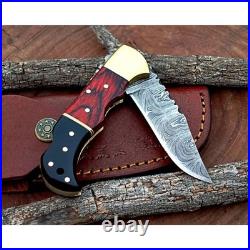 Damascus handmade Back Lock Folding Pocket knife camping Hunting Knife wid Pouch