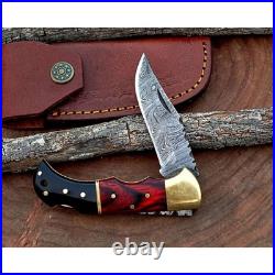 Damascus handmade Back Lock Folding Pocket knife camping Hunting Knife wid Pouch