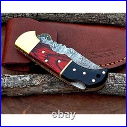 Damascus handmade Back Lock Folding Pocket knife camping Hunting Knife wid Pouch