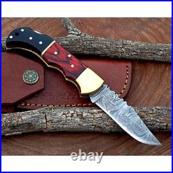Damascus handmade Back Lock Folding Pocket knife camping Hunting Knife wid Pouch