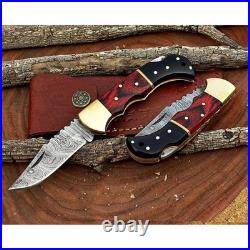 Damascus handmade Back Lock Folding Pocket knife camping Hunting Knife wid Pouch