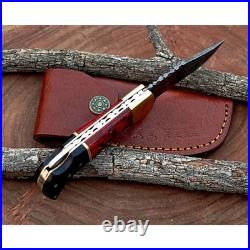 Damascus handmade Back Lock Folding Pocket knife camping Hunting Knife wid Pouch