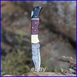 Damascus handmade Back Lock Folding Pocket knife camping Hunting Knife wid Pouch