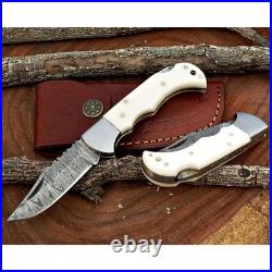 Damascus handmade BackLock Folding Pocket knife Camping Hunting Knife Pouch