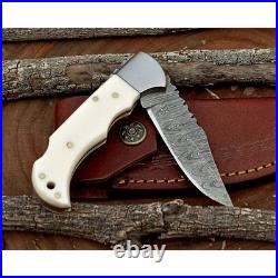 Damascus handmade BackLock Folding Pocket knife Camping Hunting Knife Pouch