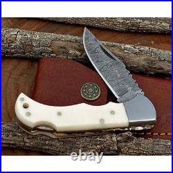 Damascus handmade BackLock Folding Pocket knife Camping Hunting Knife Pouch
