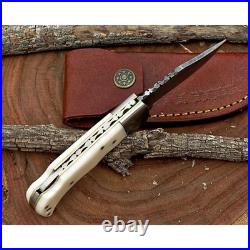 Damascus handmade BackLock Folding Pocket knife Camping Hunting Knife Pouch