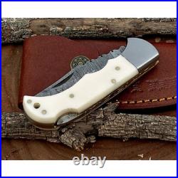 Damascus handmade BackLock Folding Pocket knife Camping Hunting Knife Pouch