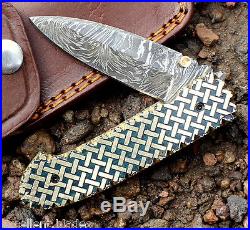 Damascus knife custom handmade Liner Lock folding knife amaizing file work