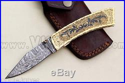 Damascus knife handmade Liner Lock folding knife amaizing file work vk0022