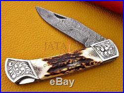 Damascus steel HANDMADE blade POCKET FOLDING KNIFE handle STAGE HORN