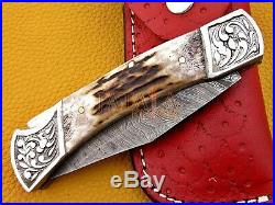 Damascus steel HANDMADE blade POCKET FOLDING KNIFE handle STAGE HORN