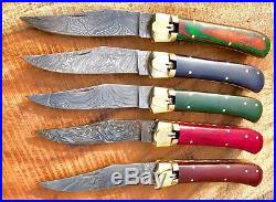 Damascus steel Handmade automatic switch folding knives. Lot Of 5 Pieces