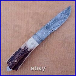 Damascusfeather Pattrencustom Handmade Rare Folding Pocket Knife 8.5 Sheath