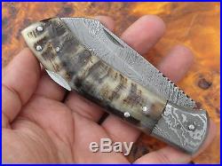 Damast Taschenmesser Damascus Folding Knife Widder Horn 786 293